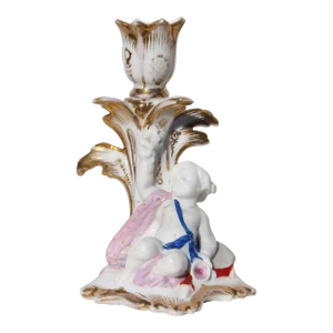 19th Century French Porcelain Candle Holder Cherub Putto Musician Lying With a Tambourine