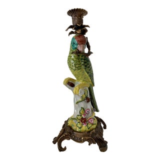 1980s Porcelain Parrot Encased in Bronze Candle Holder For Sale
