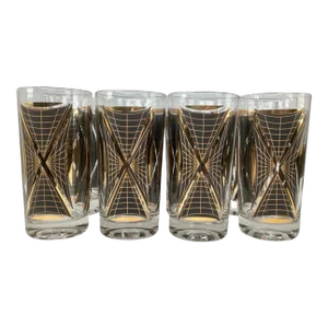 Set of 8 Vintage Federal Glass Atomic Black and Gold Highball Glasses