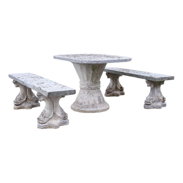 Garden Set with Table and Two Benches, Set of 3 For Sale