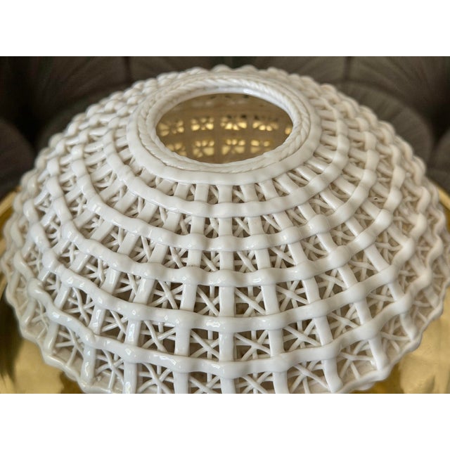 Vintage Handmade Chinoiserie Reticulated Woven Wicker Lattice Porcelain Basket Vase Sculpture For Sale In Los Angeles - Image 6 of 10