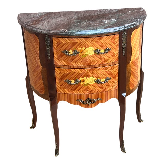 Baroque Style Walnut Inlaid Chest of 2 Drawers with Marble Top, 1960s For Sale