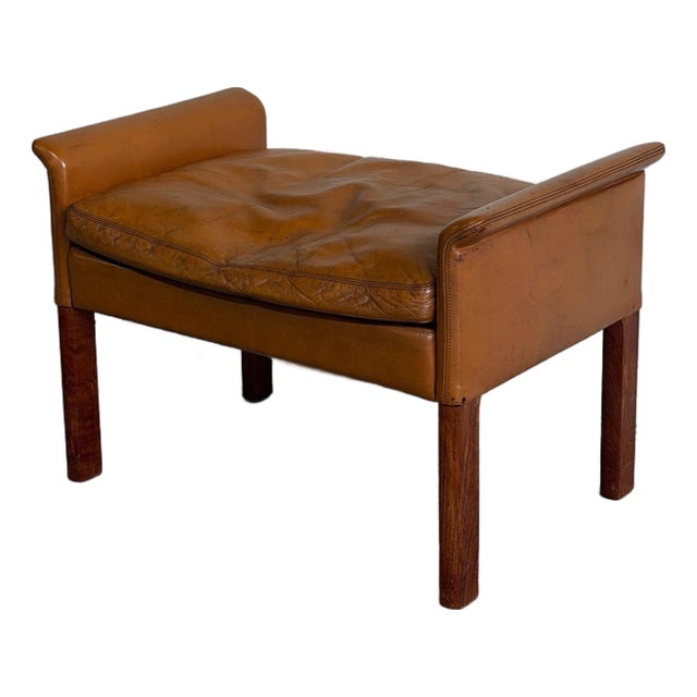 Vintage Danish Modern Leather Ottoman in Style of Hans Olsen - Stool Footstool Mid Century Bench For Sale