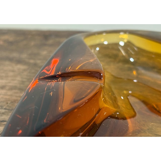 Vintage Amber Art Glass Triangular Bowl Mid Century Modern Catchall For Sale - Image 4 of 5
