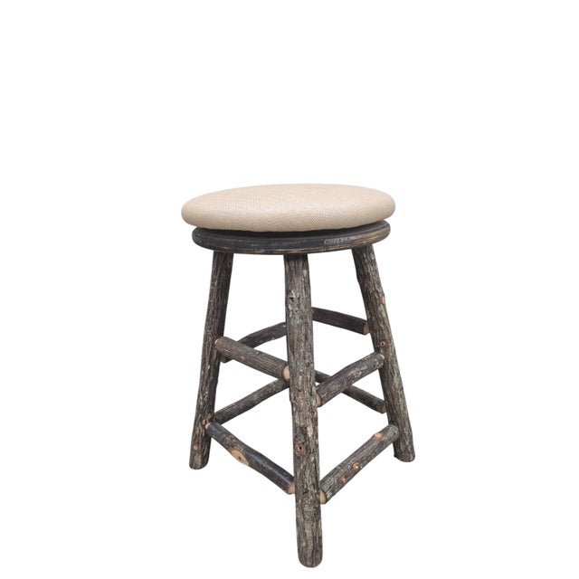 Vintage Adirondack Style Aspen Log Swivel Bar Stools with Cream Leather Seats - Pair Handcrafted from natural Aspen logs...