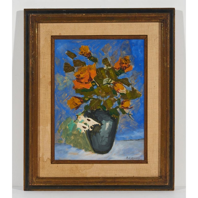 American Nicolai Cikovsky, Modernist Floral Oil Painting Roses, Flowers in Vase WPA Artist Nicolai Cikovsky For Sale - Image 3 of 7