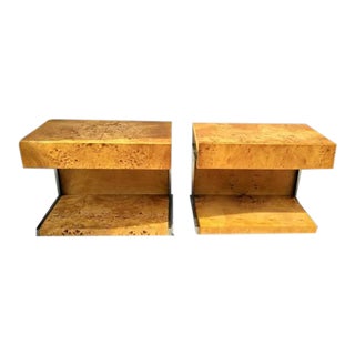 1970s Mid-Century Modern Arthur Umanoff for Dillingham Burl Wood and Chrome Cantilever Nightstands - a Pair For Sale