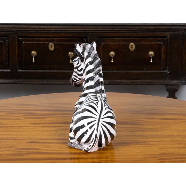 Mid 20th Century Mid 20th Century Italian Painted Terracotta Statue of a Brown Eyed Zebra Resting on the Ground For Sale - Image 5 of 9