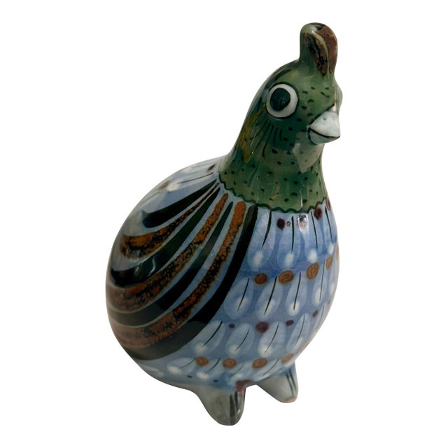 1960's Boho Chic Folk Art Mexican Tonala Hand Painted Quail, Artist Signed For Sale