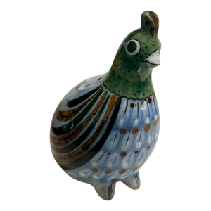 1960's Boho Chic Folk Art Mexican Tonala Hand Painted Quail, Artist Signed