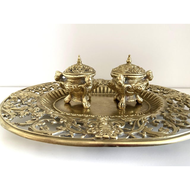 Louis XV Style Napoleon III Double Inkwell on a Chiseled Gilt Bronze Tray For Sale - Image 4 of 11