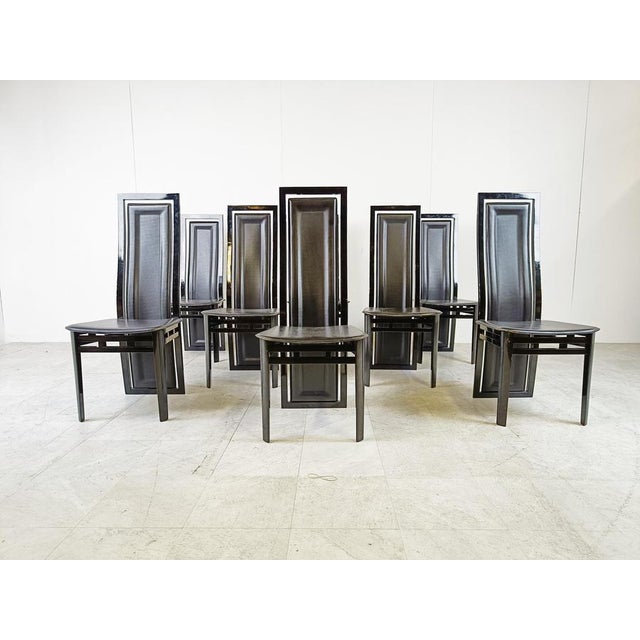 Italian Modern Lacquered Wood and Leather Dining Chairs, 1980, Set of 8 For Sale - Image 3 of 12