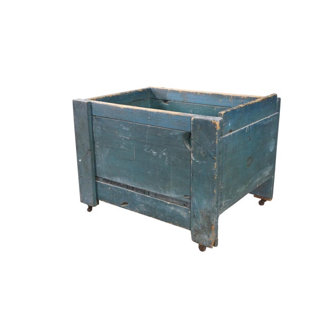 American Antique Primitive Pine Bin Teal Blue Milk Paint Wood Storage Rolling Crate Box For Sale - Image 3 of 16