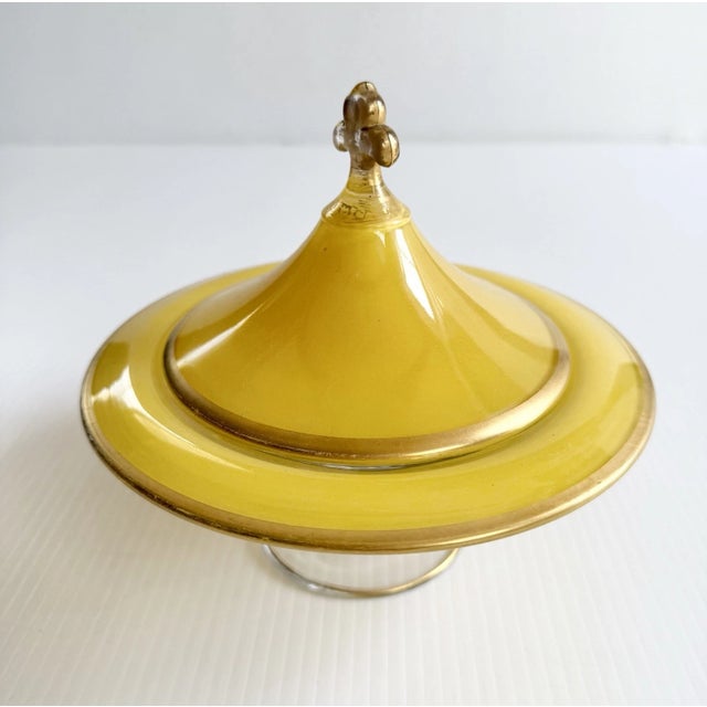 Early 20th Century Art Deco Glass Pedestal Compote or Candy Dish Yellow With Gold Trim, Fleur-De-Lis Handle For Sale - Image 4 of 16