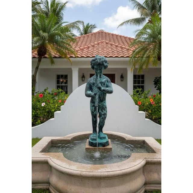 Metal Vintage-Style Bronze Boy Playing Flute Fountain With Verdigris Patina For Sale - Image 7 of 9