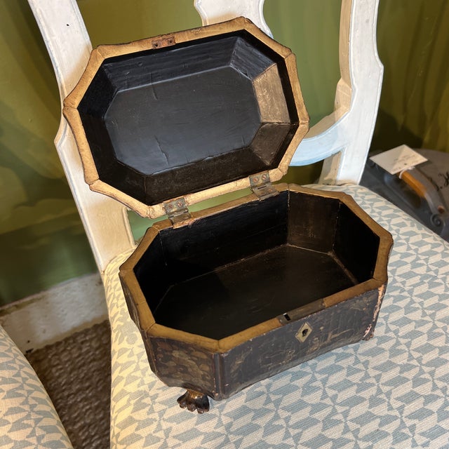 Wood Antique Chinese Export Black Lacquered Heavily Distressed Tea Caddy For Sale - Image 7 of 9