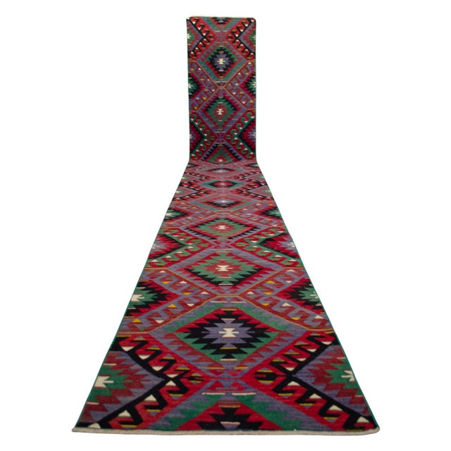Textile Vintage Turkish Oushak Runner Rug Kilim - Handmade Extra Long Hallway Decor , Stair Runner 2′9″ X 19′8″ For Sale - Image 7 of 14