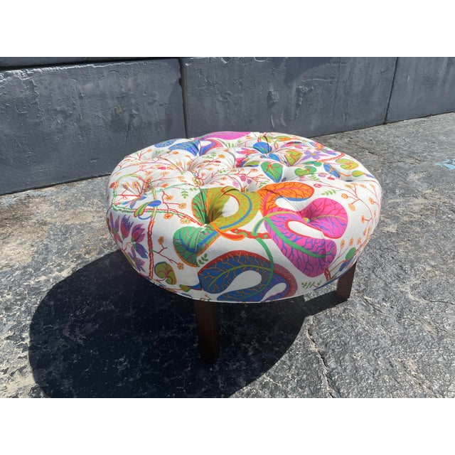 Mid-Century Modern Large Round Ottoman Upholstered in Josef Frank Teheran Linen Fabric For Sale - Image 3 of 12