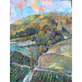 Limoux by Josh George | Mixed Media on wood panel Landscape with hills and vineyards. For Sale