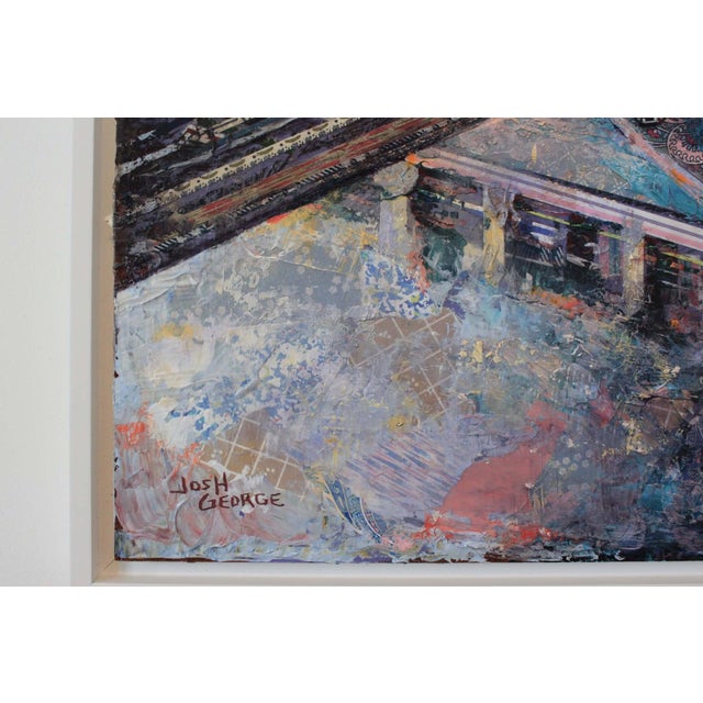 A Level of Organization by Josh George | Mixed media on wood panel Cityscape with highways and buildings For Sale - Image 4 of 5