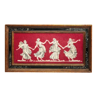 Unusual Antique Framed Needlepoint Neoclassical Dancers Grand Tour Style Wall Art Home Decor For Sale