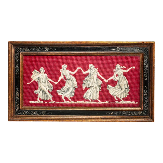 Unusual Antique Framed Needlepoint Neoclassical Dancers Grand Tour Style Wall Art Home Decor For Sale