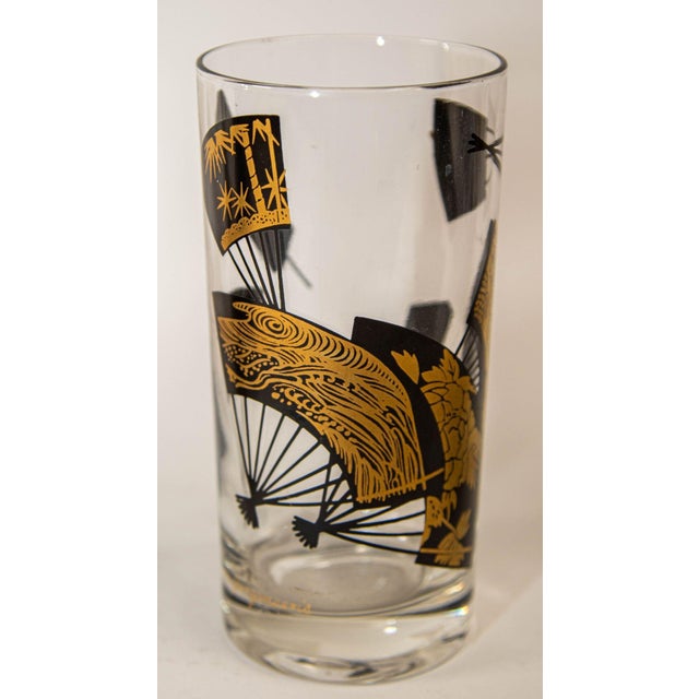 Set of Six Jules Jurgensen Black & Gold Highball Glasses in Faux Bamboo Carrier For Sale - Image 11 of 18