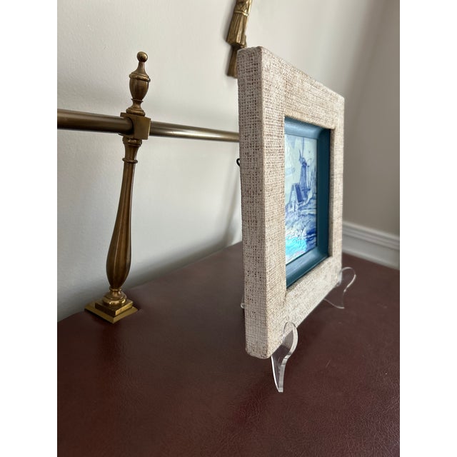Mid-Century Dutch Delft Blue Hand-Painted Windmill Tile in Linen Frame For Sale - Image 9 of 10