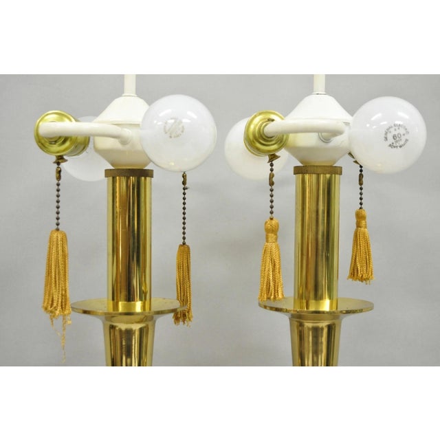 Late 20th Century Hollywood Regency Tommi Parzinger Style Brass Candlestick Table Lamp Pair For Sale In Philadelphia - Image 6 of 12
