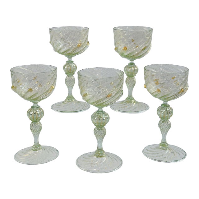 Mid 20th Century Venetian Salviati Attributed Green Gold Flecked Stemware - Set of 5 For Sale