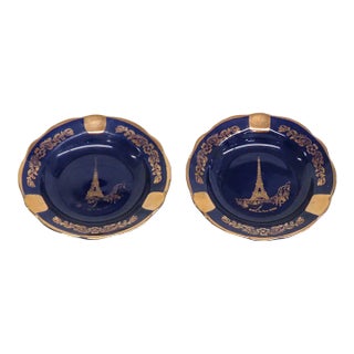 Limoges France Cobalt Blue and Gold Paris Eiffel Tower Ashtray a Pair For Sale