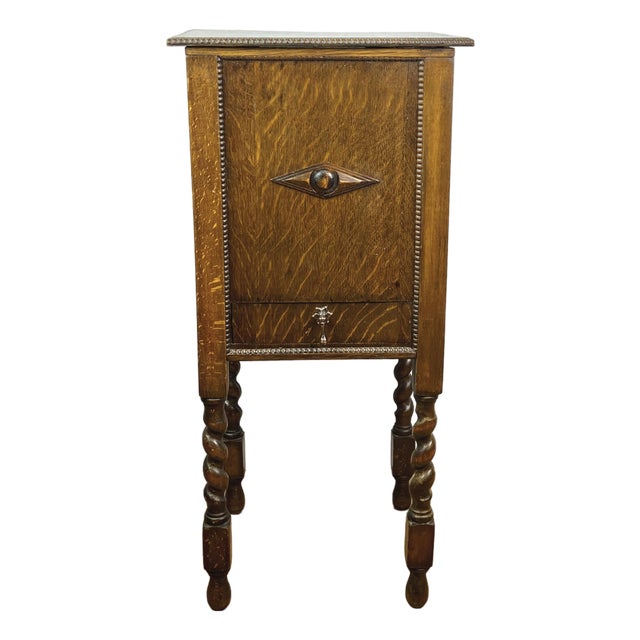 Antique Tiger Oak Cigar Humidor & Smoking Cabinet With Barley Twist Legs For Sale