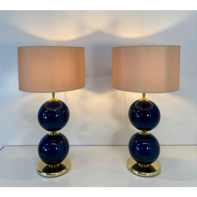 Murano Glass Lamps with Blue Spheres and Ivory Lampshades, Set of 2 For Sale - Image 7 of 9