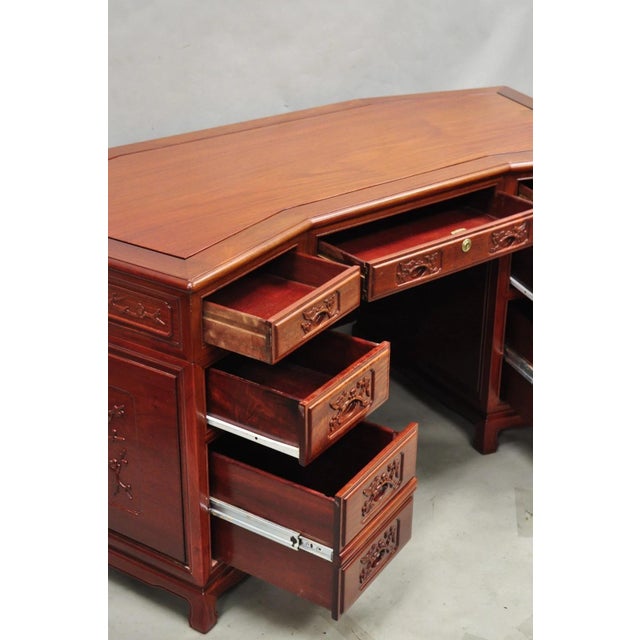 Vintage Chinese Bird Carved Hardwood Kneehole Writing Desk With Decorated Back For Sale - Image 15 of 18