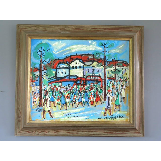 THE JOYFUL PASSAGE Size: 20.5 x 23.6 inches (including frame) Oil on Canvas A vibrant and animated mid century street...