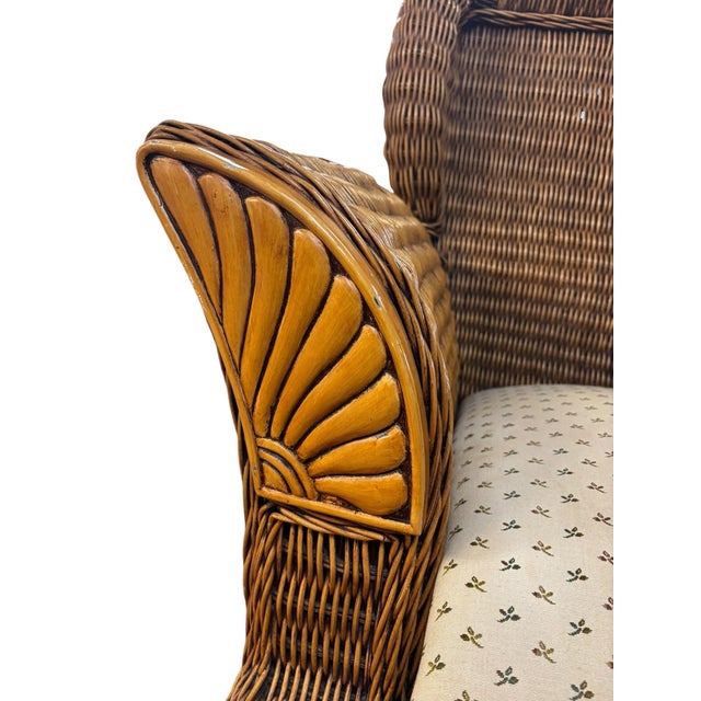 English Late 20th Century Carved British Colonial Wicker Club Chair by Acacia Furniture & Two Leather Pillows For Sale - Image 3 of 12