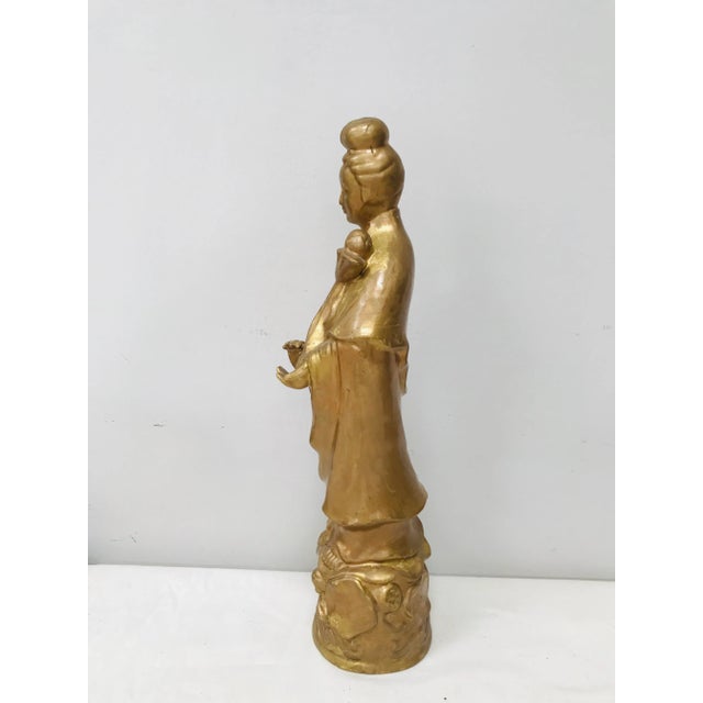 Chinese Mid-Century Modern Golden Kwan-Yin Goddess Statue For Sale - Image 3 of 9