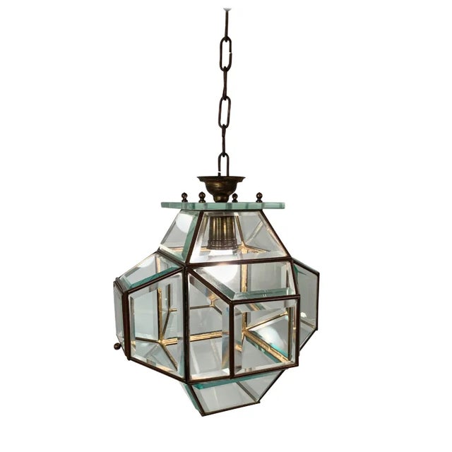 1950s Large Italian Lantern in Brass & Cut Glass, 1950s For Sale - Image 5 of 17