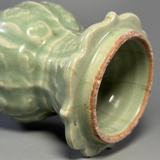 Antique Chinese Celadon Carved Floral Gu‑Form Vase, Collectible Antique For Sale - Image 4 of 5