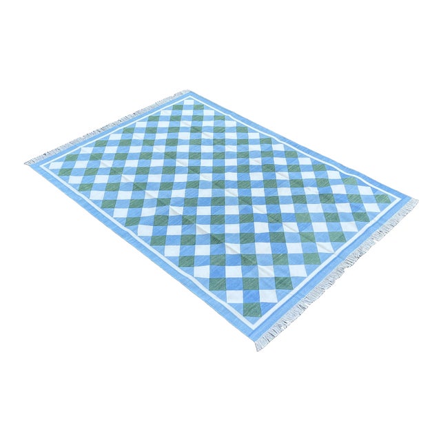 Handmade Cotton Area Rug, Forest Green, Sky Blue and Cream Small Checked Dhurrie - 9'x12' For Sale