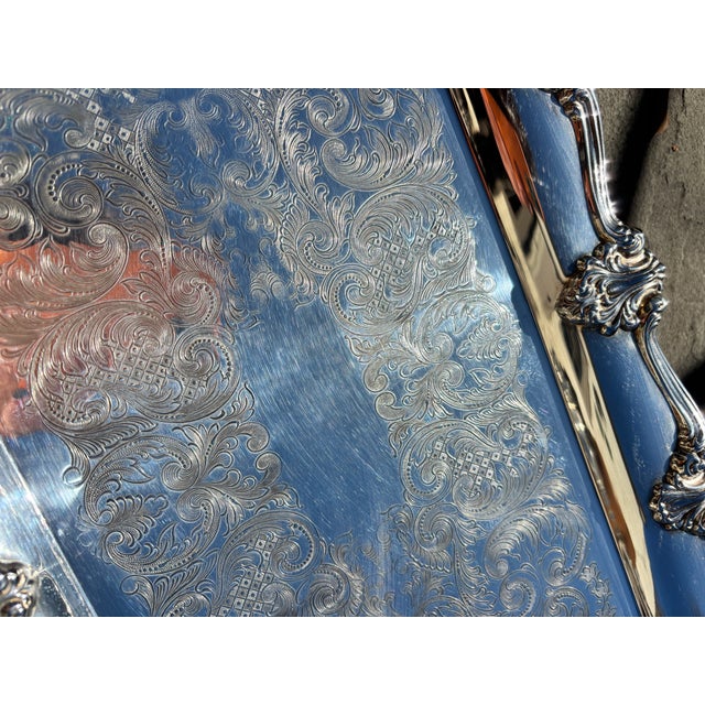 F.B. Rogers Silver Co. 1960s B Rogers Silver Co. Ornate Silver Plate Over Brass Handled Tray For Sale - Image 4 of 6