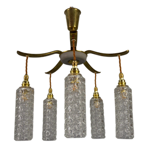 Mid-Century Modern Metal and Clear Glass 5-Light Chandelier, 1950s