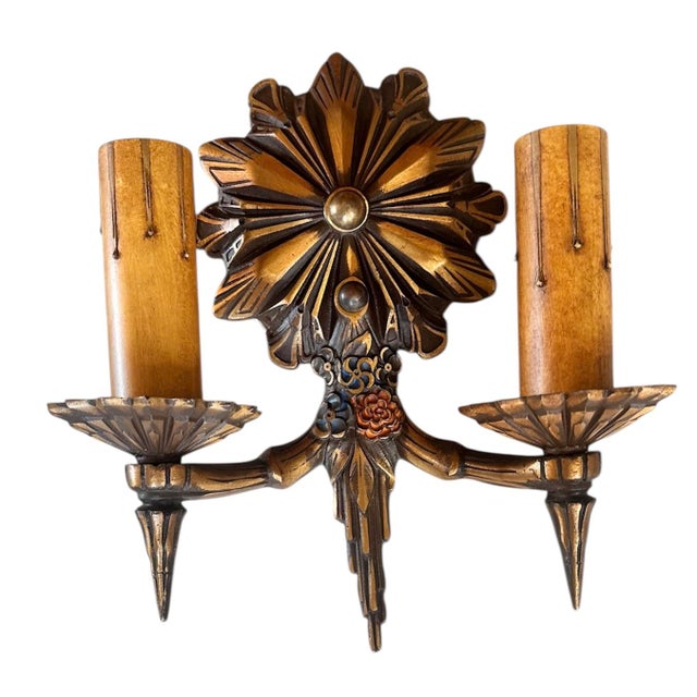 Bronze Double Candle Starburst Wall Sconces in Original Patina, Circa 1920 - Set of 2 For Sale - Image 4 of 7