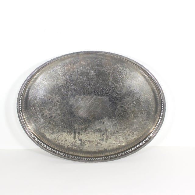 English Large Early 20th Century English Silver Gallery Bar Tray Silver Plated Oval Embossed For Sale - Image 3 of 8