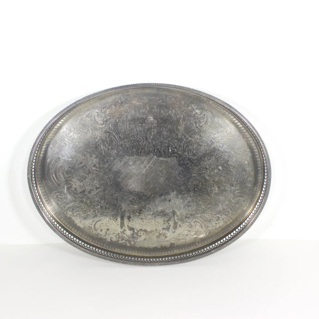 English Vintage English Silver Gallery Bar Tray Silver Plated Oval Embossed For Sale - Image 3 of 8