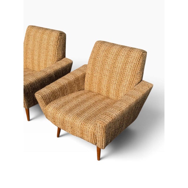 Pair of Danish Modern Lounge Chairs | Sculptural Flared Arms in Woven Tweed | Tapered Wood Legs | C. 1960s For Sale - Image 14 of 16