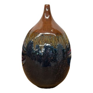Rounded Brown and Blue Ceramic Vase with Narrow Neck For Sale