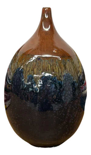 Rounded Brown and Blue Ceramic Vase with Narrow Neck