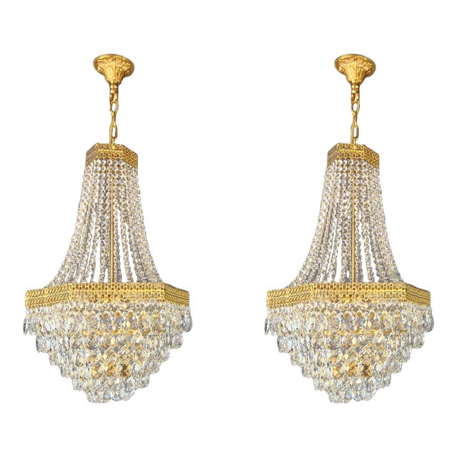 Pair of1950s Brass Empire Sac a Pearl Chandelier Crystal Lustre For Sale