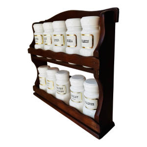 Vintage Wooden Spice Rack With 12 Milk Glass Spice Jars .